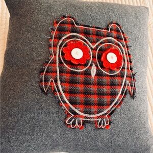 Gray Wool Holiday Owl Throw Pillow with Red Plaid Appliqué